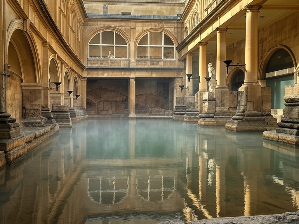 Ancient Roman Baths in Bath, England, feature well-preserved ruins, hot springs, and a museum showcasing Roman life and artifacts.