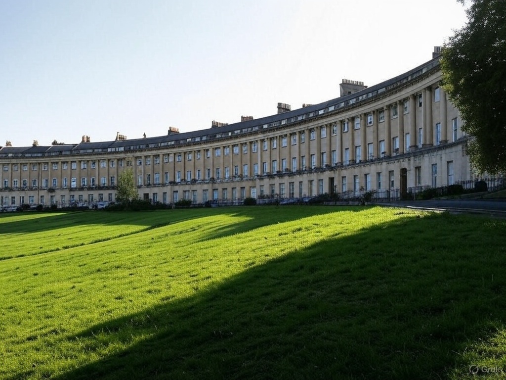The Royal Crescent is a grand, curved row of Georgian townhouses overlooking Royal Victoria Park in Bath.