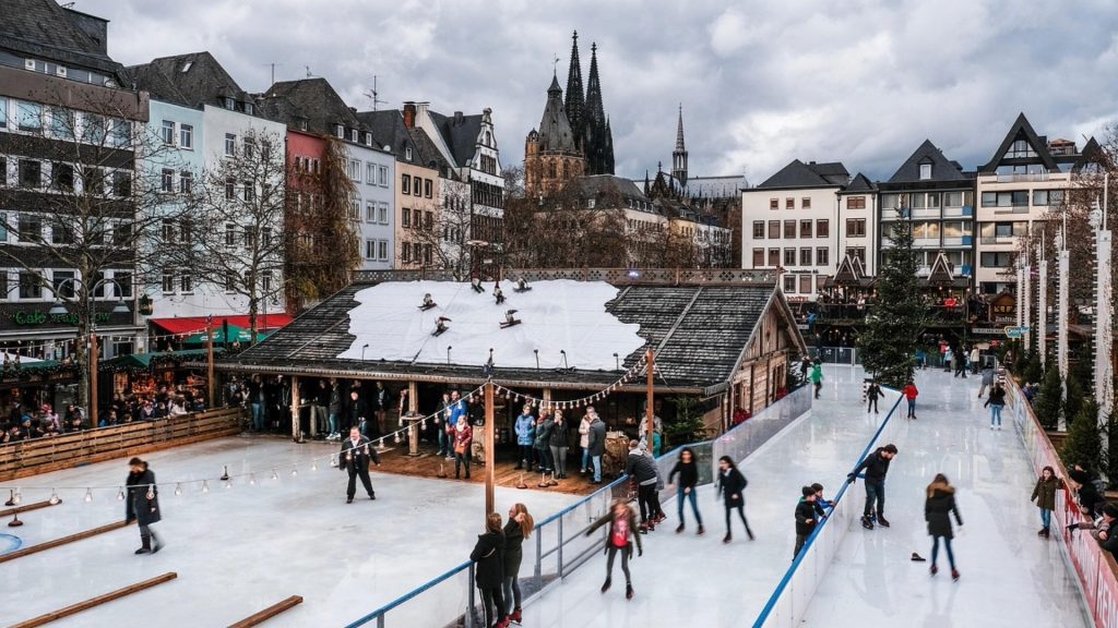 Winter market and ice skating in Cologne—cultural experience for student trips.