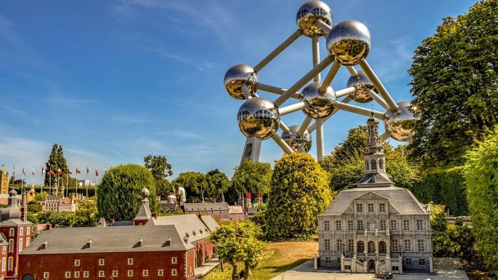 Atomium and Mini-Europe park in Brussels showcasing European landmarks during educational study trip.